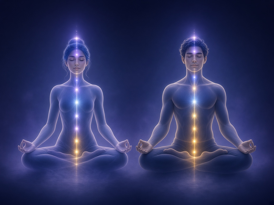 A meditating woman on the left and man on the right in lotus pose, shown as soft translucent figures on a deep navy background with glowing energy along each spine.